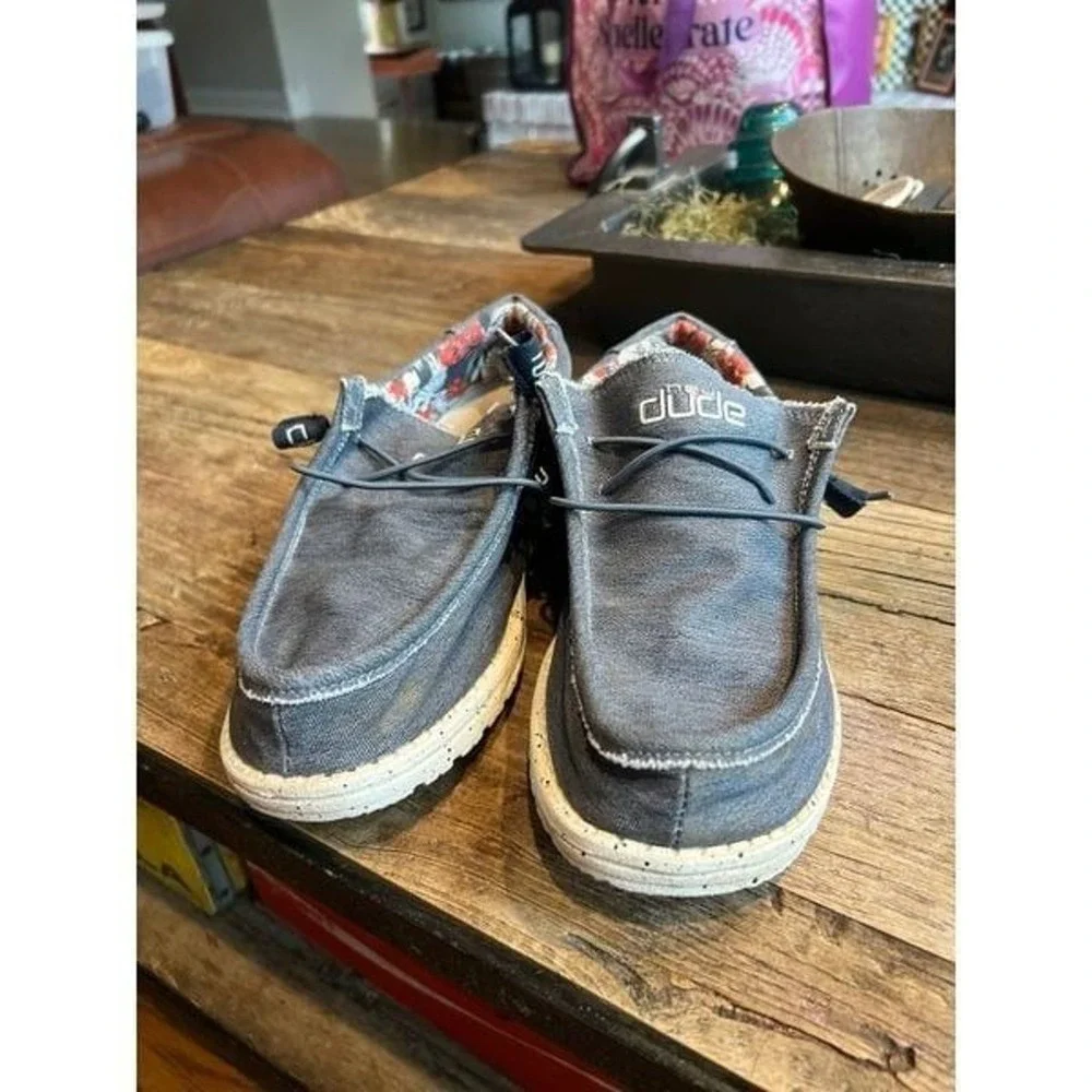 Hey Dude Wally Stretch Mens Size 8‎ Navy Gray Canvas Casual Boat Loafers Shoes